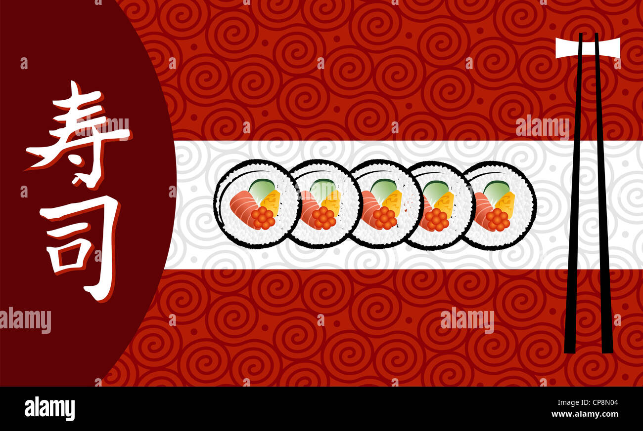 Sushi-Banner mit Ideogramm handschriftlich auf rotem Grund. Vektor-Datei geschichtet für einfache Handhabung und individuelle Farbgebung. Stockfoto