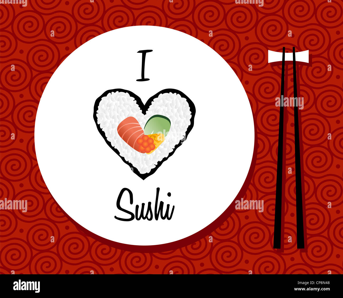 Ich liebe Sushi handschriftlich in weiße Schale auf rotem Grund. Vektor-Datei geschichtet für einfache Handhabung und individuelle Farbgebung. Stockfoto