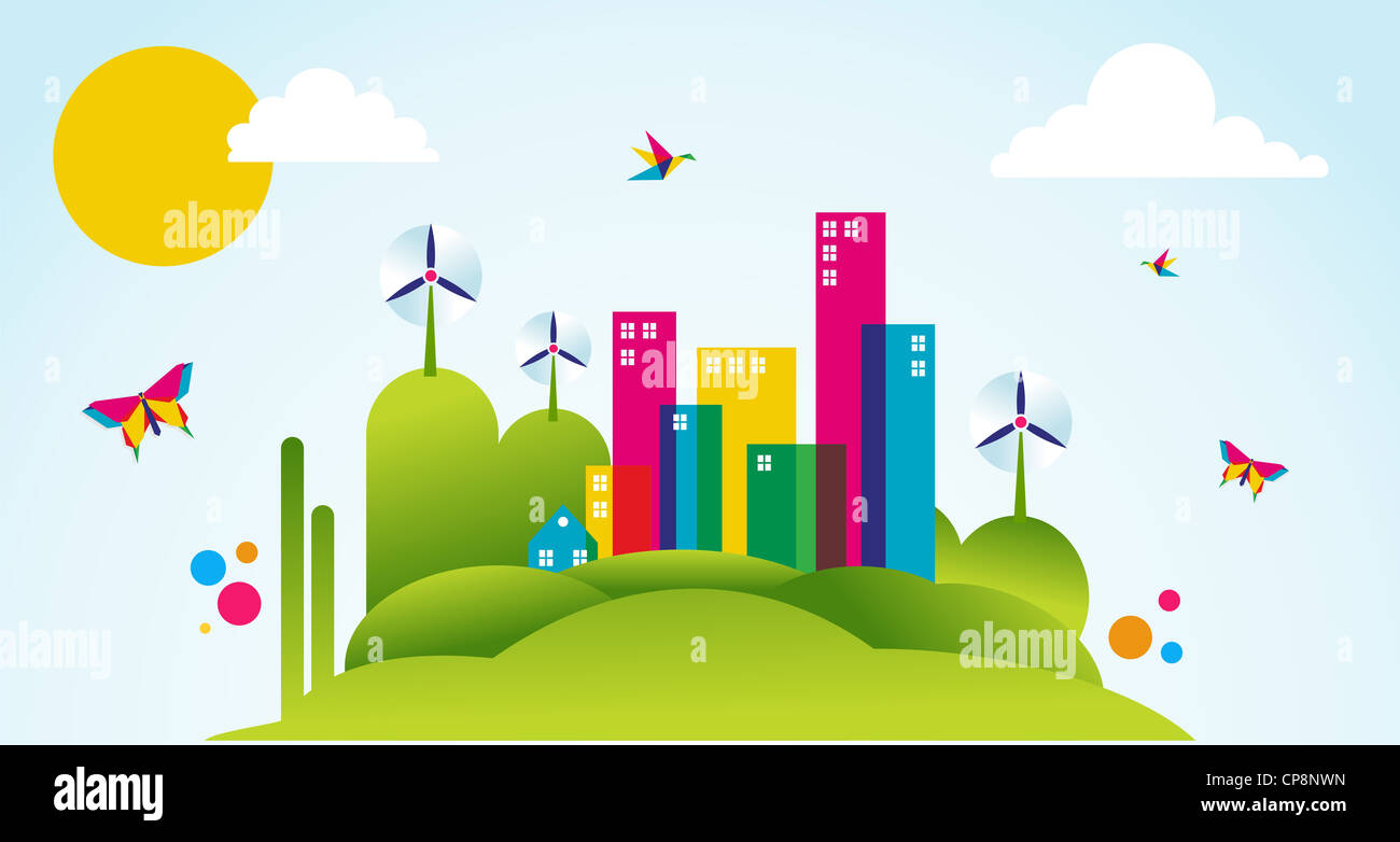 Gehen Sie grüne Stadt im Frühling. Nachhaltige Entwicklung mit Umweltschutz Hintergrund Illustration. Vektor-Datei geschichtet für einfache Handhabung und individuelle Farbgebung. Stockfoto