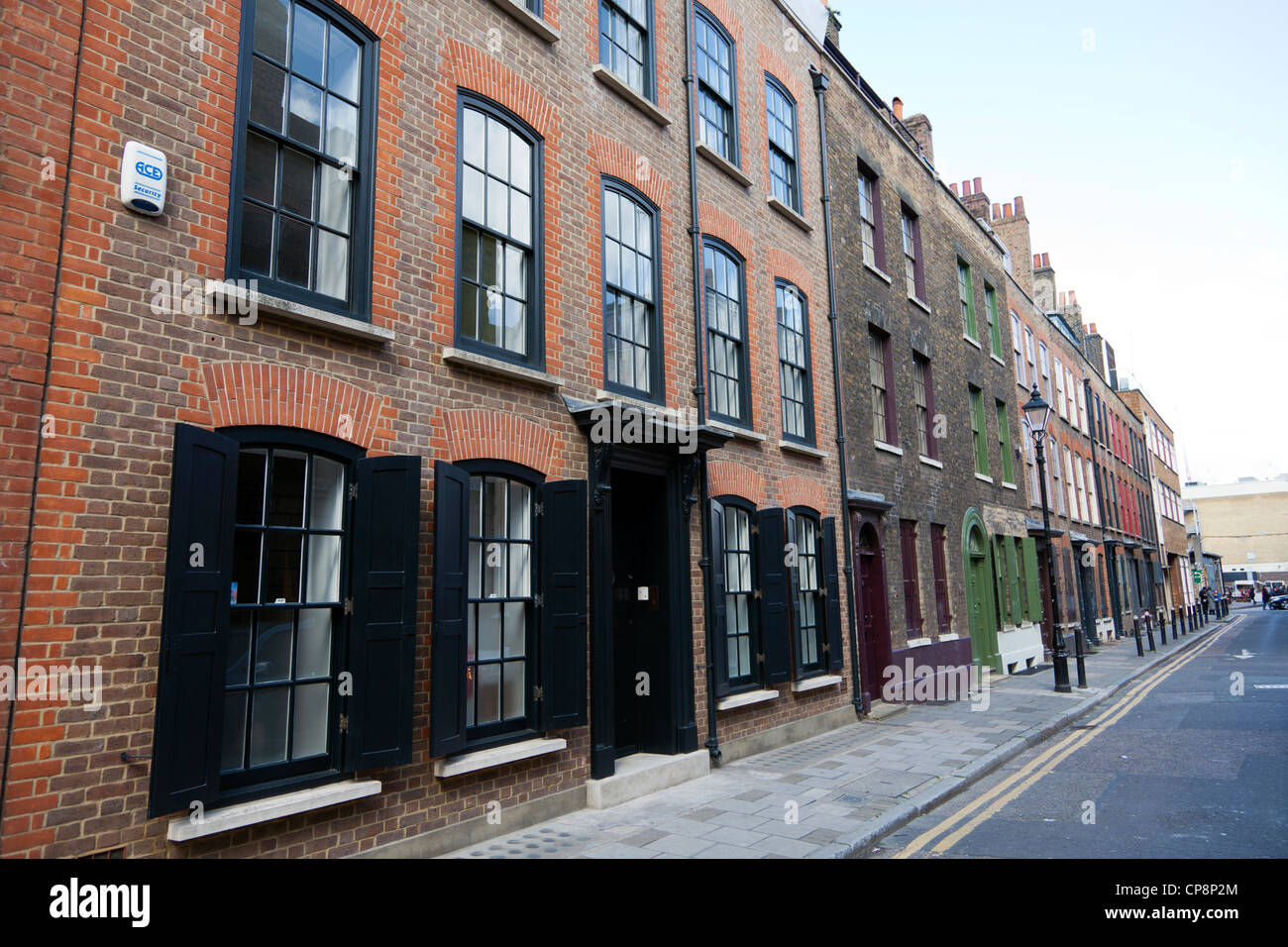 Georgische Häuser in Wilkes Street in der Nähe von Brick Lane, Spitalfields, London, UK. Stockfoto