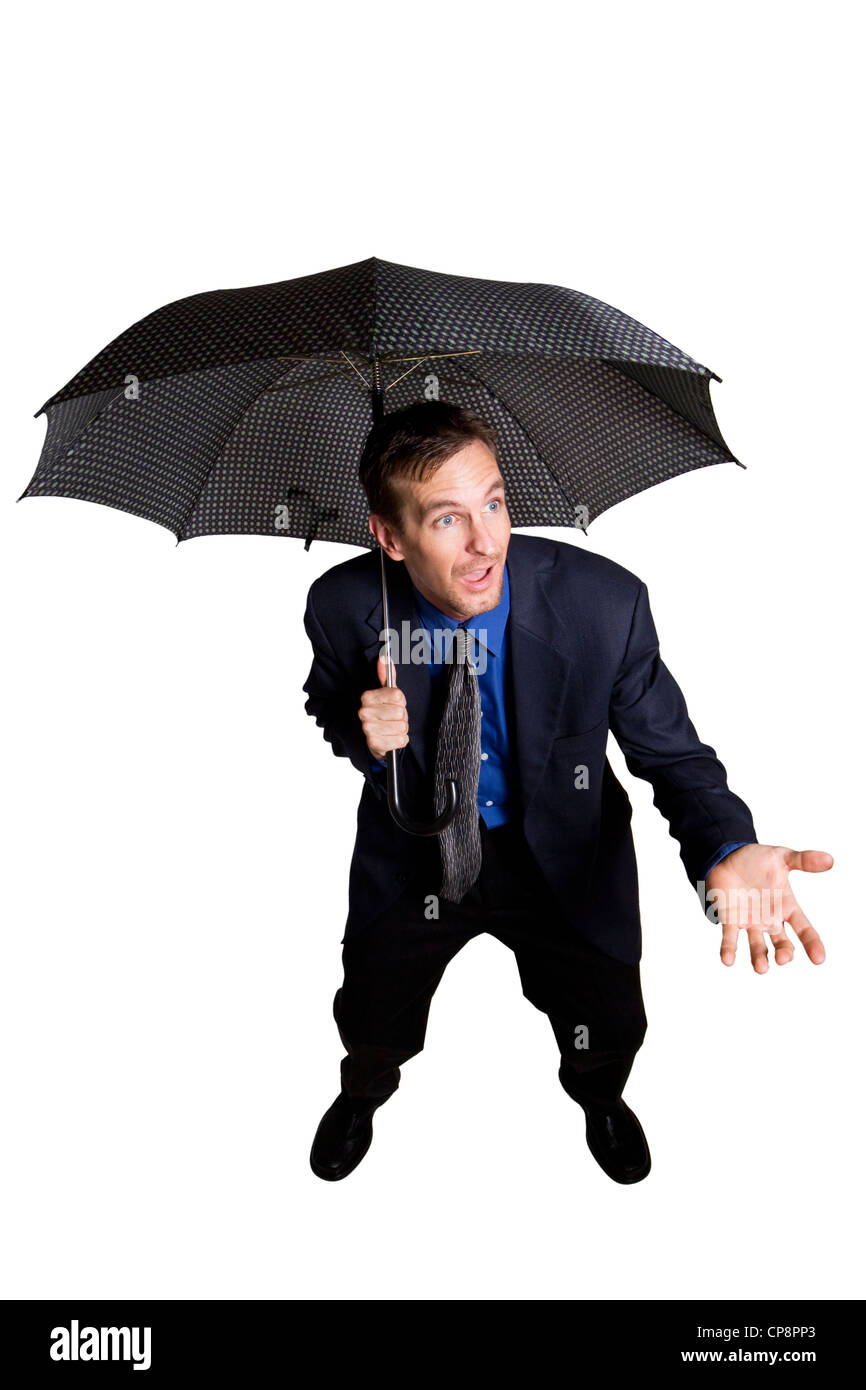 Geschäftsmann mit Regenschirm Stockfoto
