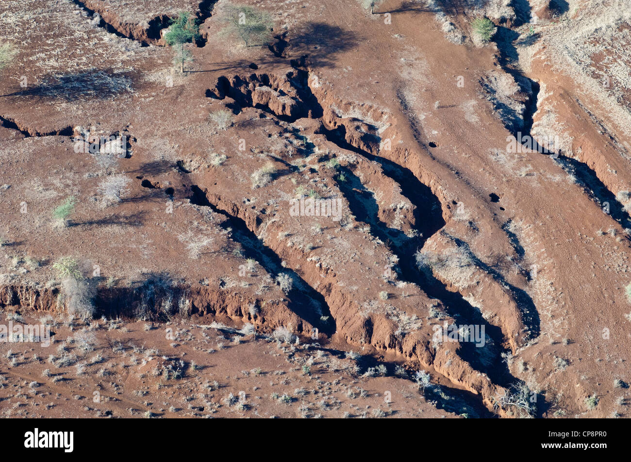 Erosion durch Regenwasser, Luftaufnahme, Region Arusha, Tansania Stockfoto