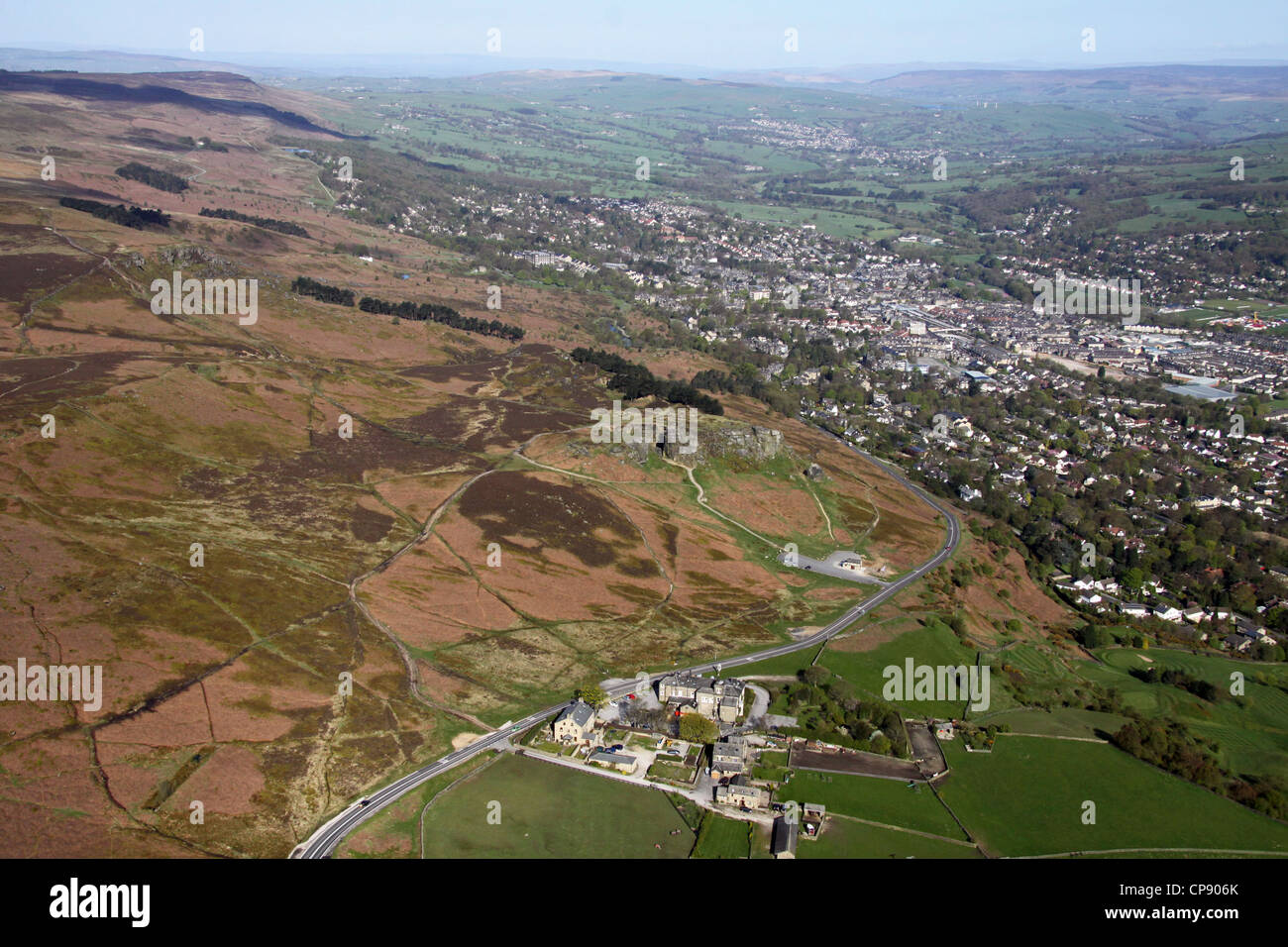 Luftbild der Kuh- und Kalbsrocken, Ilkley Moor in Yorkshire Stockfoto