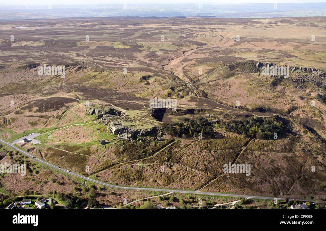 Luftbild der Kuh- und Kalbsrocken, Ilkley Moor in Yorkshire Stockfoto