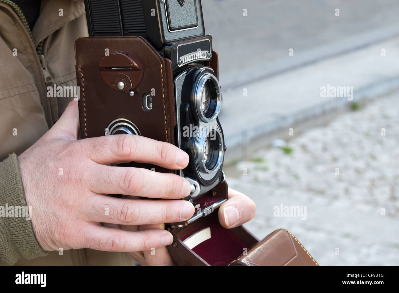 Nahaufnahme einer alten Doppelobjektiv-Kamera Stockfoto