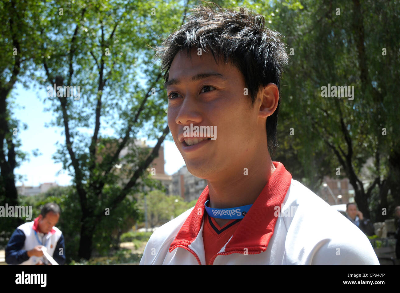 Kei Nishikori, hautnah bei den ATP-Promo-Foto in Sagrada Familia in Barcelona, Spanien. Stockfoto