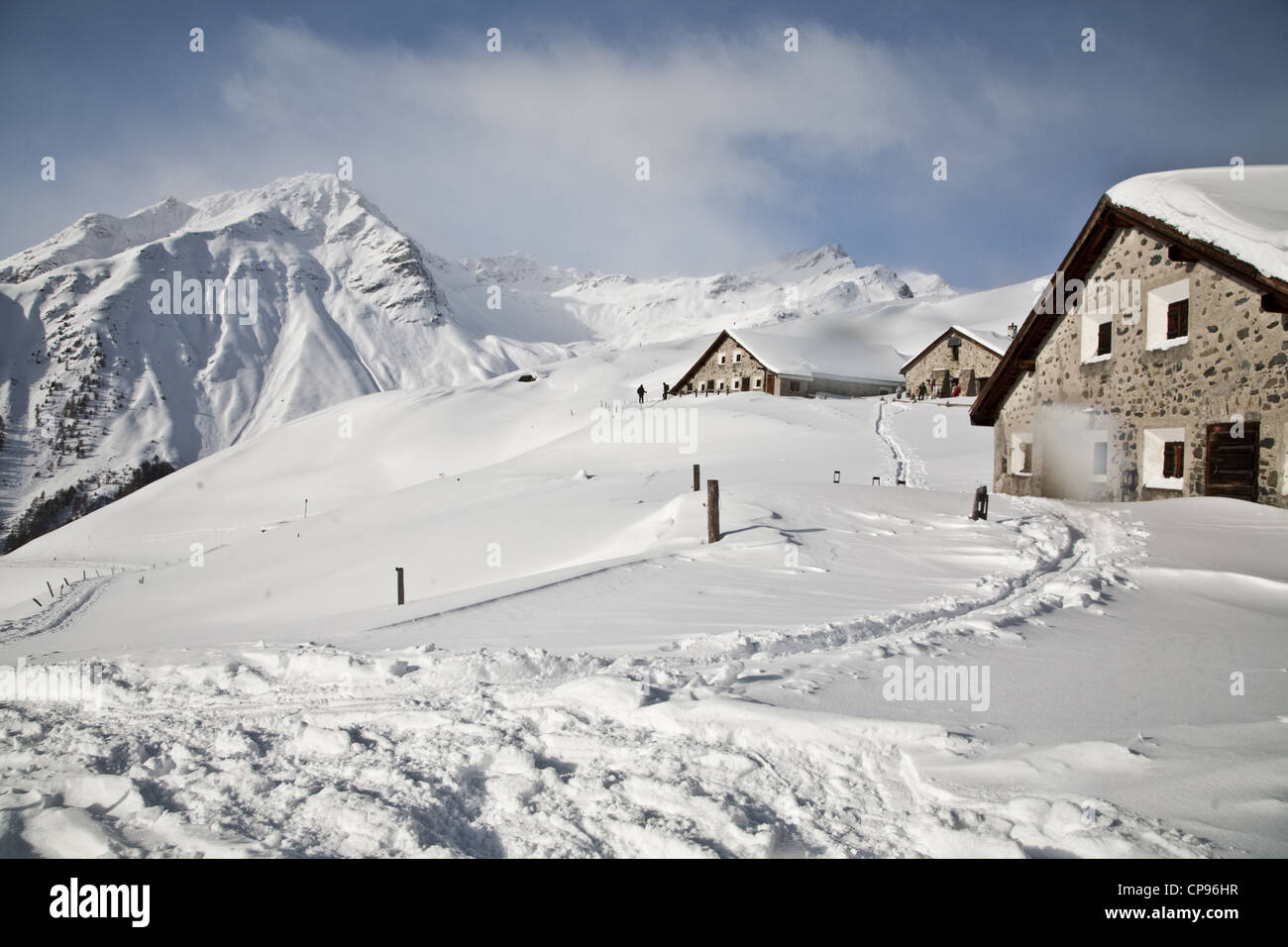 Schnee-Szene rund um Guarda Stockfoto