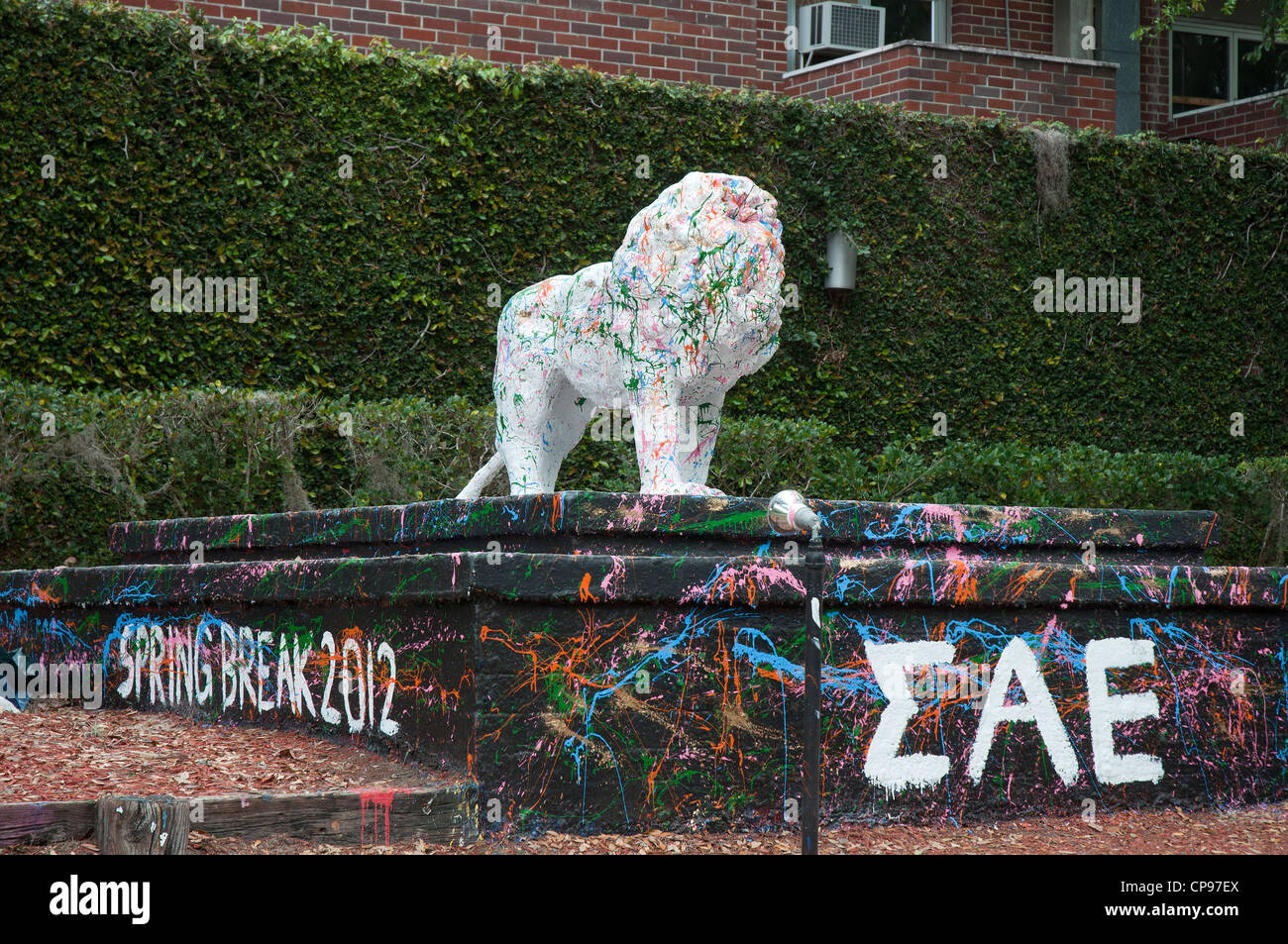Universität von Florida Campus Gainesville Graffiti tagged Statue vor Brüderlichkeit Haus. Stockfoto
