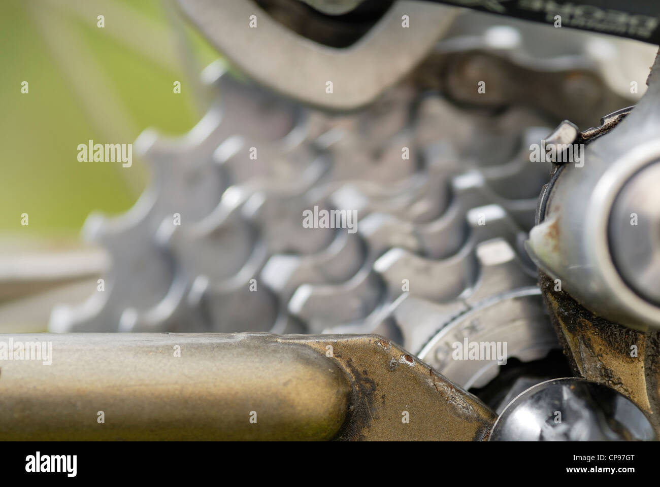Detail der hinteren Zahnräder und Kettensatz von Mountainbike. Stockfoto