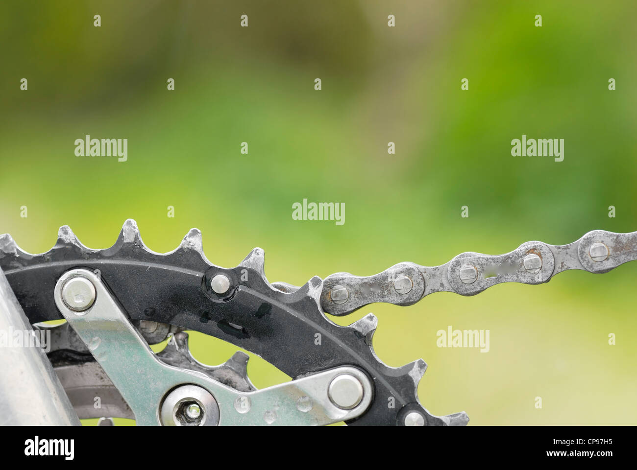 Detail der hinteren Zahnräder und Kettensatz von Mountainbike. Stockfoto