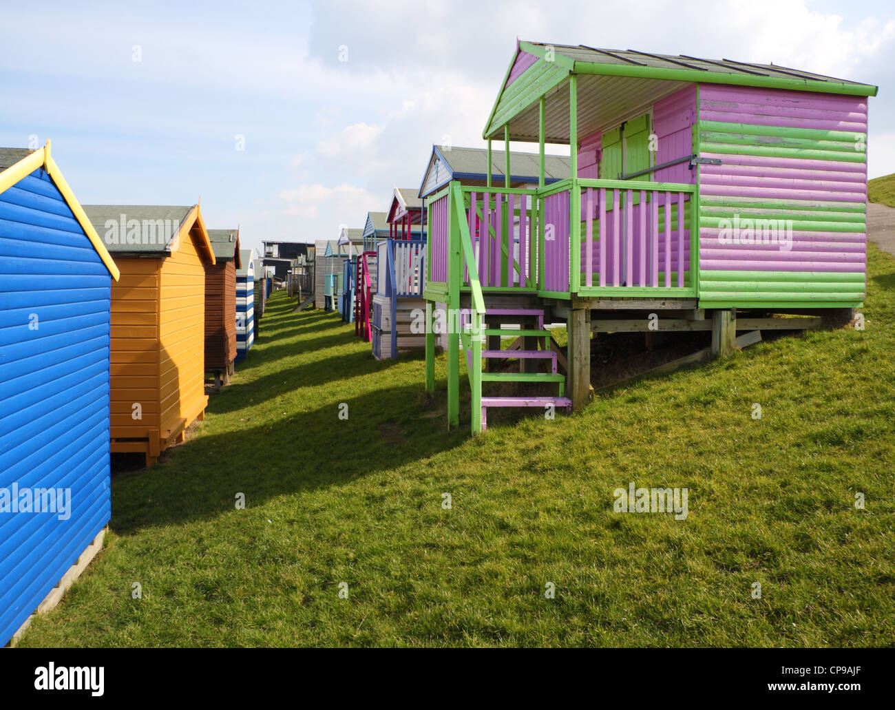 Strandhütten auf Tankerton Pisten, Whitstable, Kent, England Stockfoto