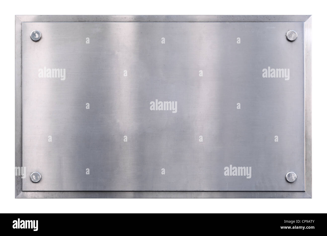 Edelstahl glänzend grau Blechschild mit Nieten Textur isoliert auf weißem Hintergrund Stockfoto