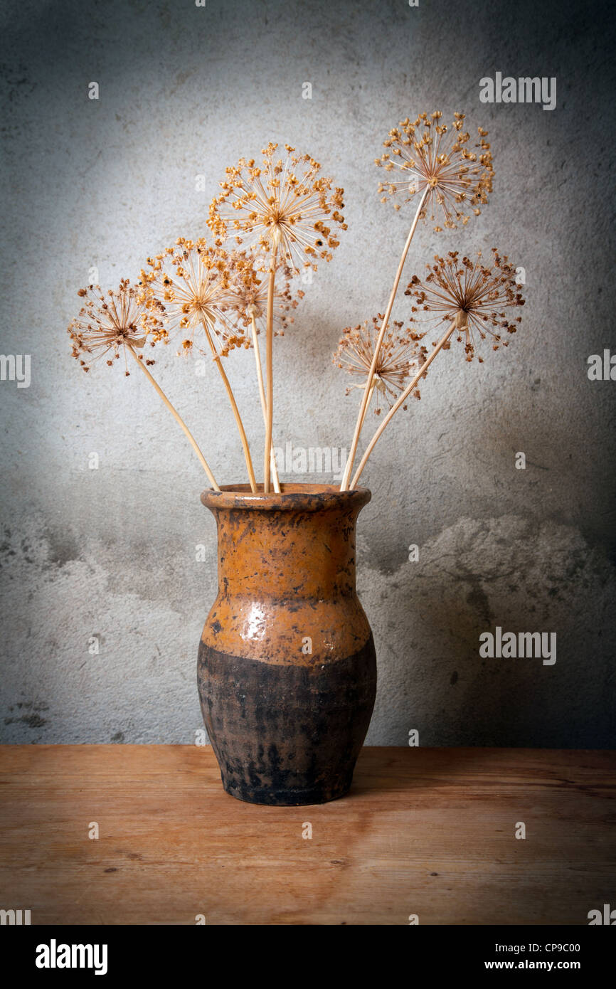 Alter Krug mit trockene Blume gegen eine Betonmauer Stockfoto
