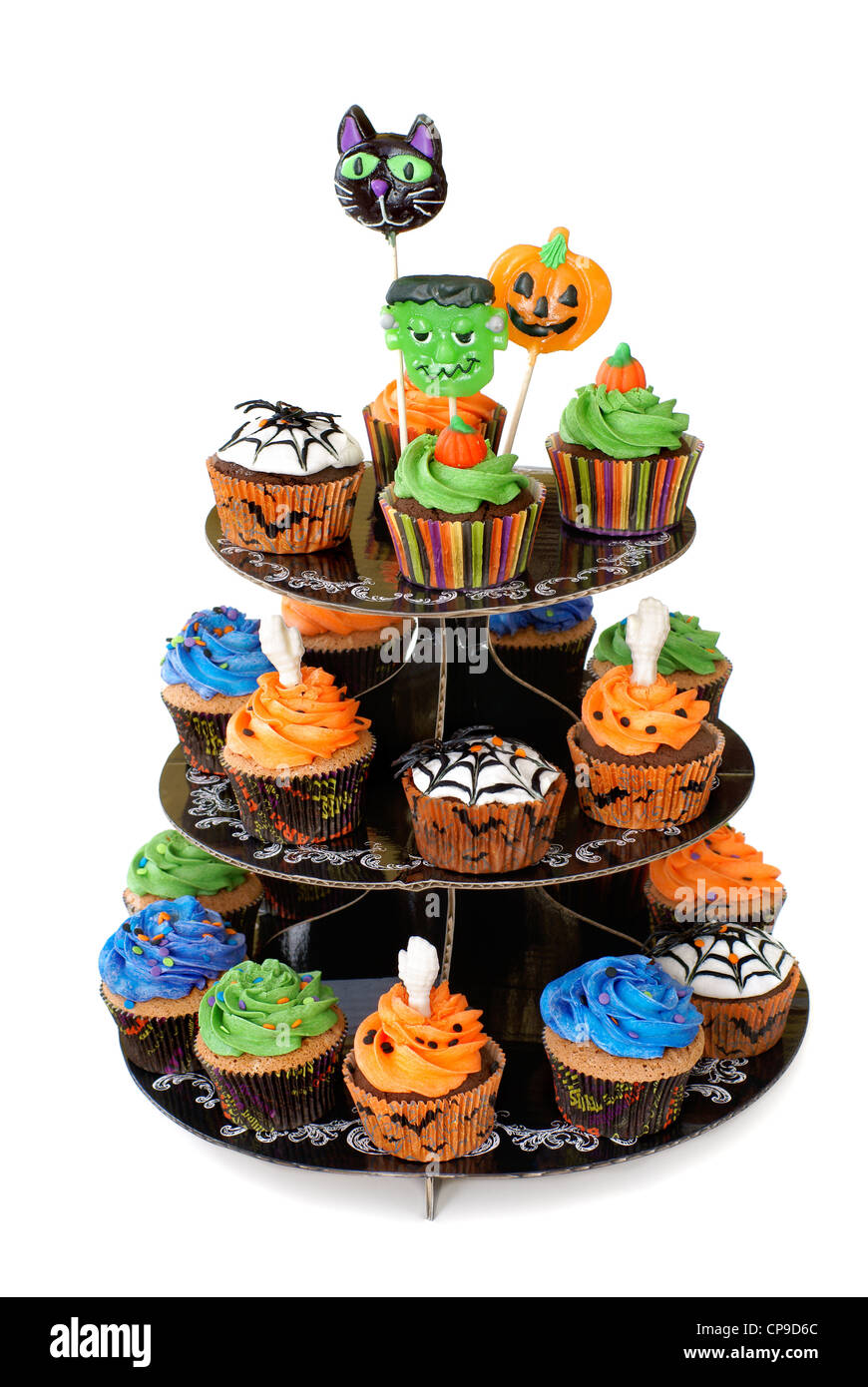 Dreistufige Cupcake Ständer mit Lutscher auf der Oberseite Stockfoto