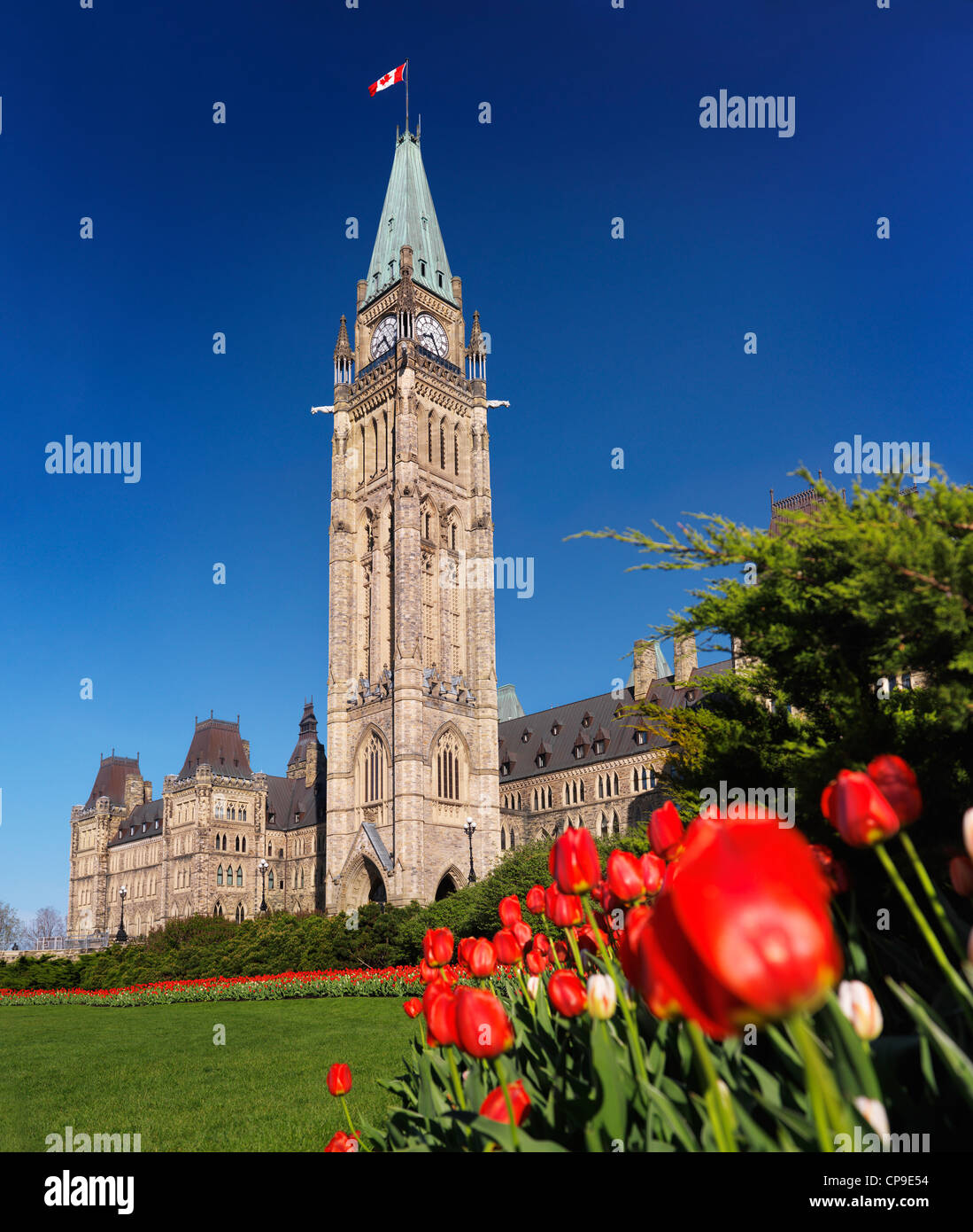 Das Parlamentsgebäude während Tulpenfest. Ottawa, Ontario, Kanada Frühling landschaftlich Mai 2012 Stockfoto