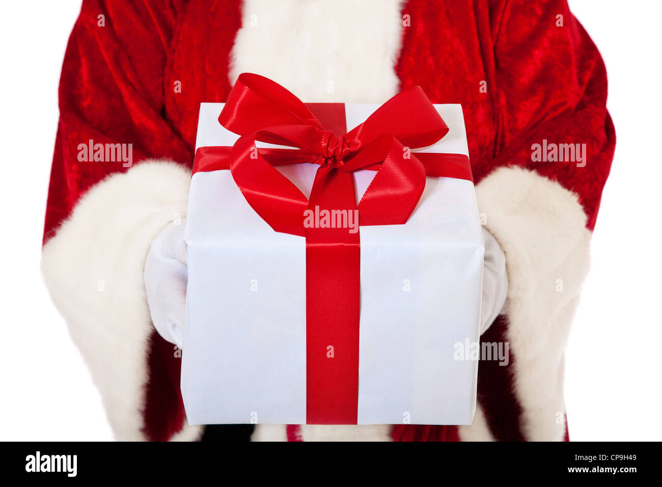 Santa Claus Hände über feine gewickelt vorhanden. Alle auf weißem Hintergrund. Stockfoto