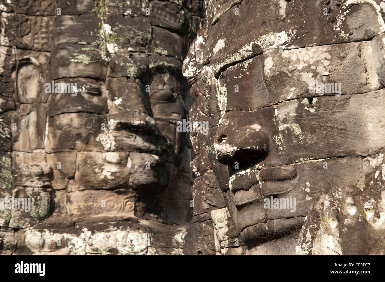 Gesichter von Jayavarman VII auf Türmen, Bayon Tempel, Angkor Wat Komplex, Siem Riep, Kambodscha, Asien Stockfoto