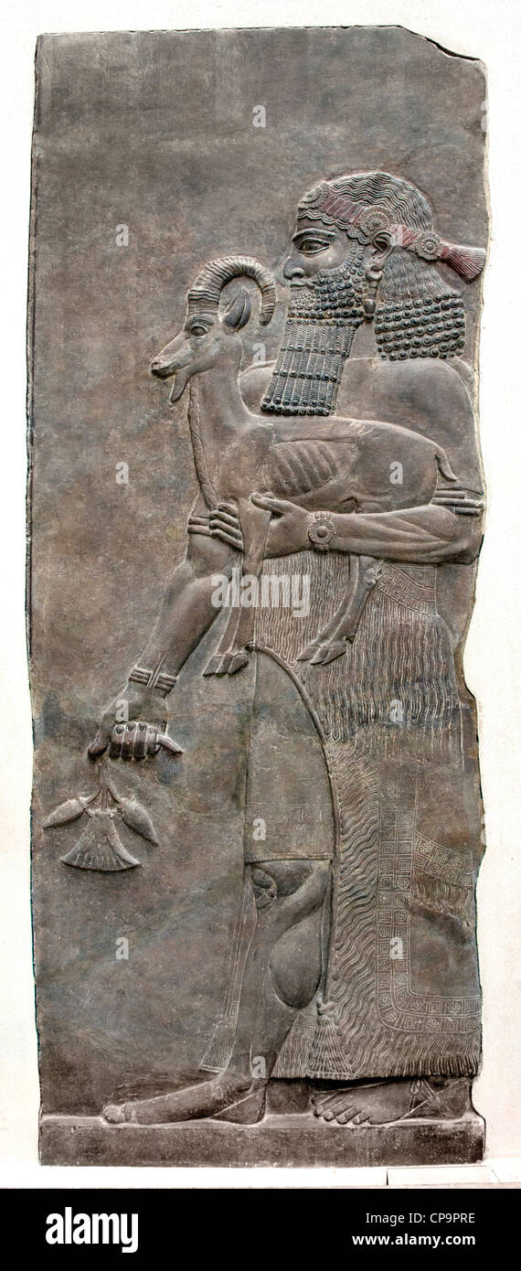 Person, die ein Steinbock Neo assyrischen Palast von Sargon II 721-705 v. Chr. Khorsabad alten Dur Sharrukin Assyrien Irak Stockfoto