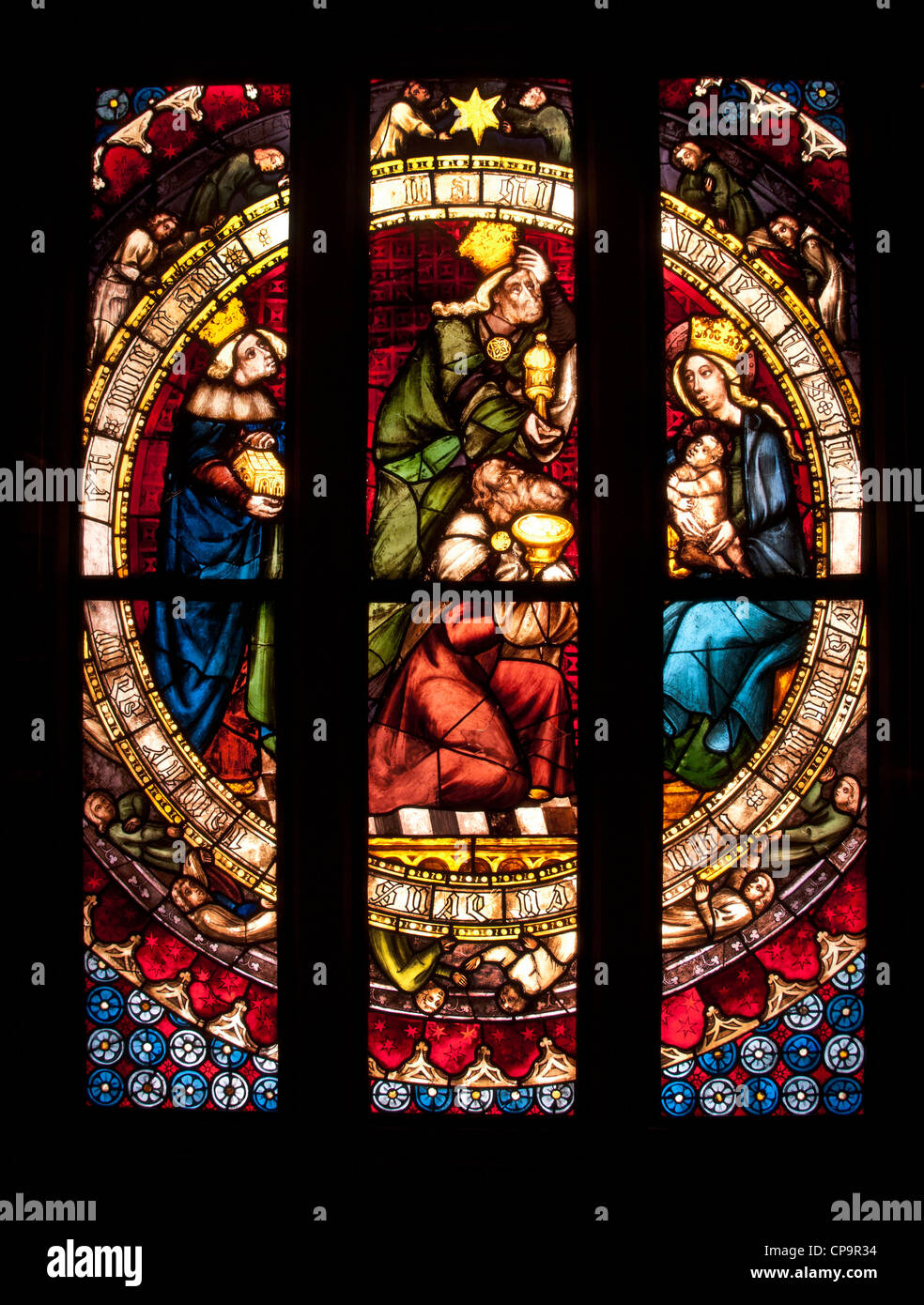 Anbetung der Heiligen drei Könige Süddeutschland 1400 deutschen Kirche Fenster verbleit Stockfoto