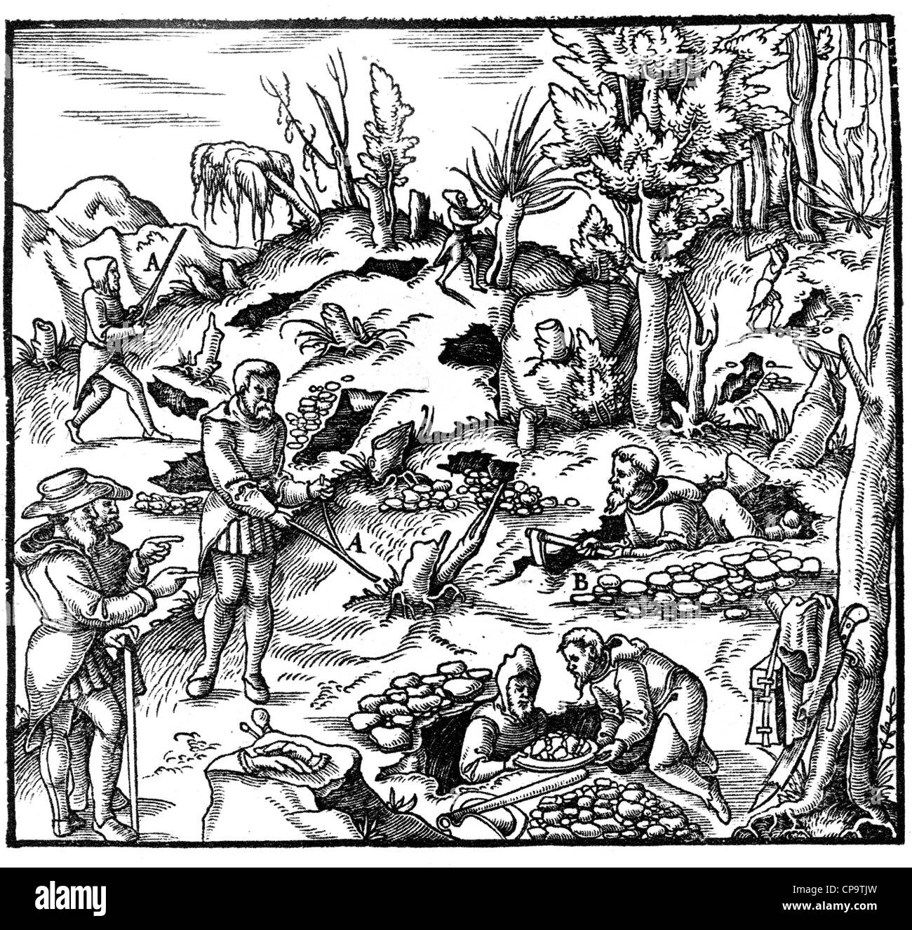 AGRICOLA "DE RE METALLICA" veröffentlicht 1561 zeigen eine Wünschelrute verwendet wird, um die Mineralien zu finden Stockfoto