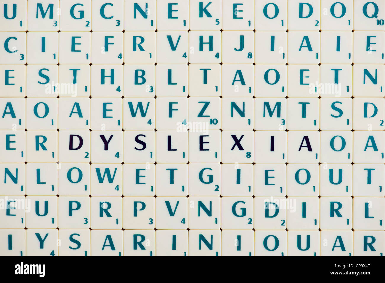 Scrabble Buchstaben das Wort Legasthenie hervorgehoben Stockfoto