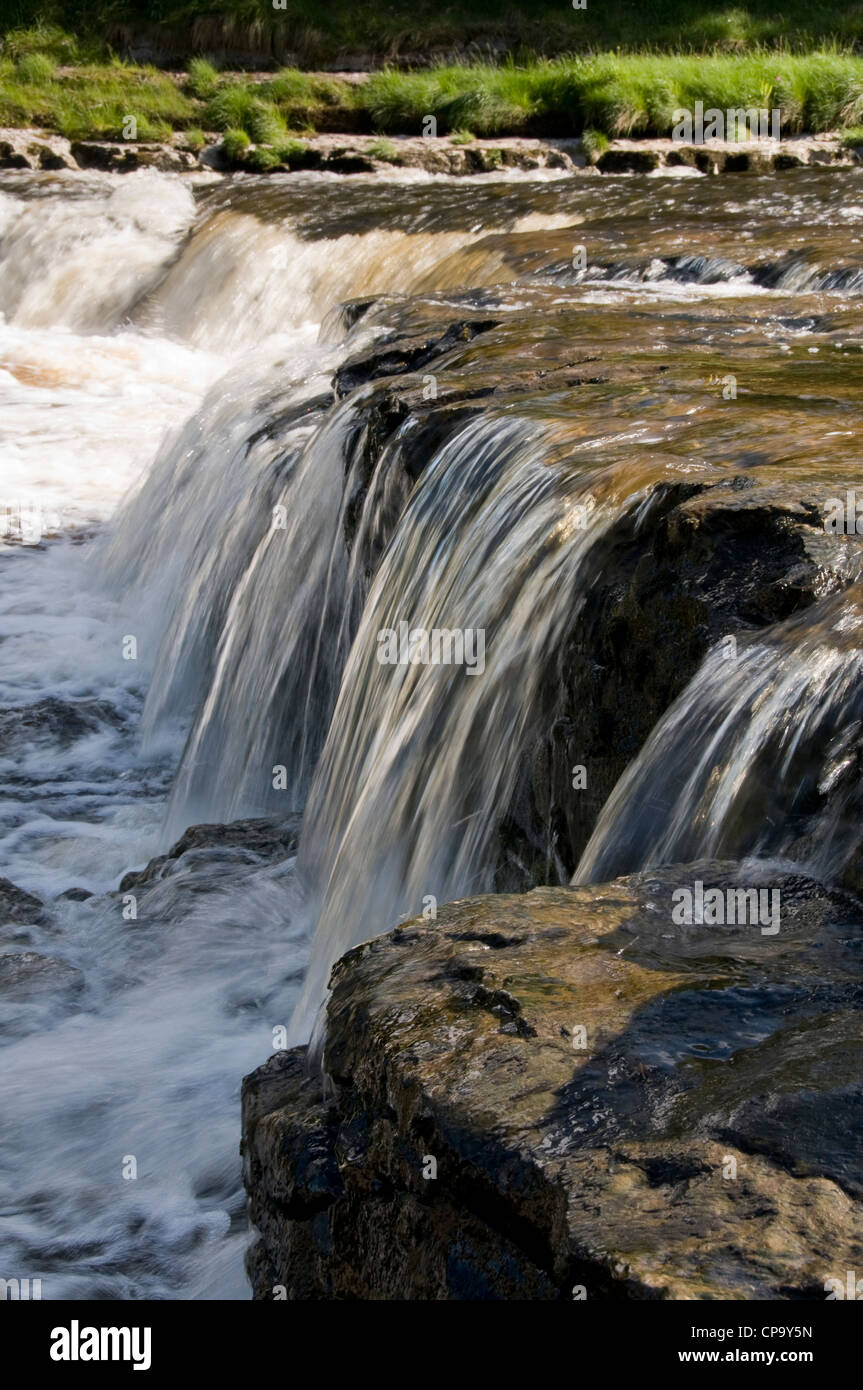 Fluß Ure cascading & fließt über trat Kalksteinfelsen bei niedrigeren fällt, Aysgarth in der malerischen Landschaft der Yorkshire Dales - Wensleydale, England, UK. Stockfoto