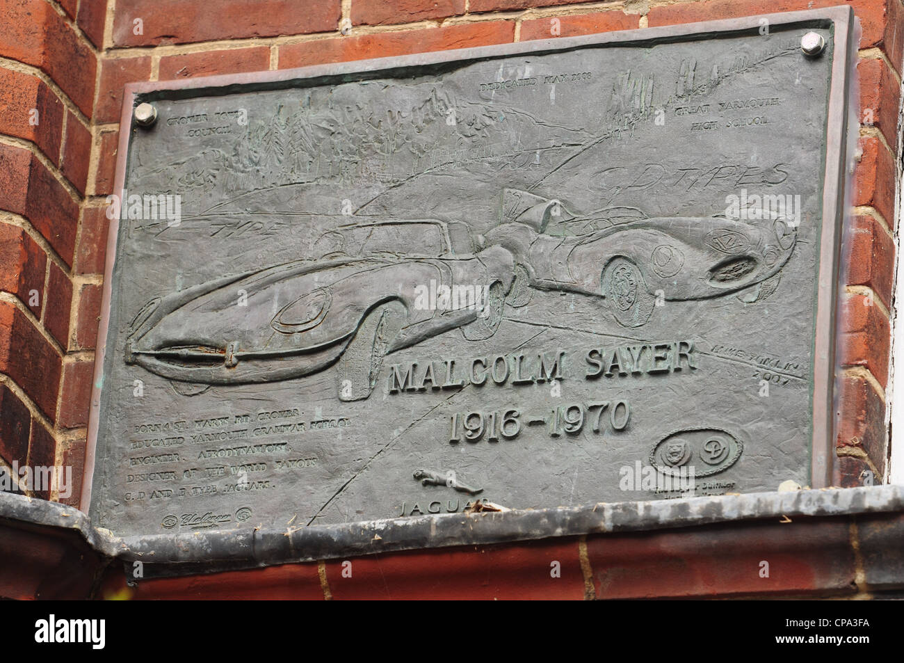 Gedenktafel an Malcolm Sayer Designer des E-Type Jaguar St Marys Straße Cromer Stockfoto