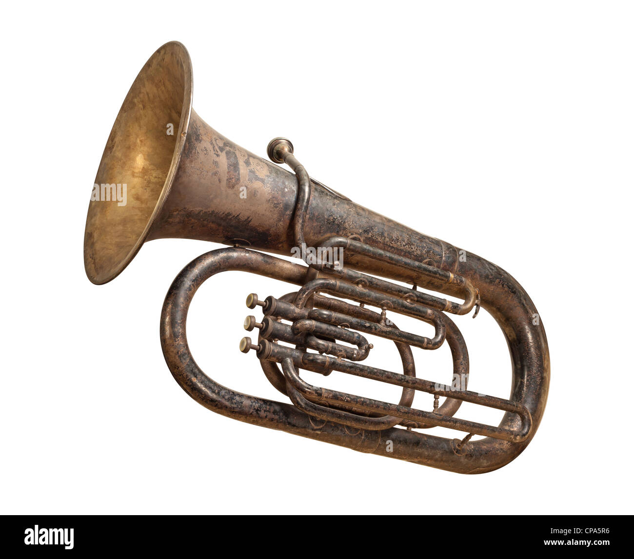 Antike Tuba isoliert auf einem weißen Hintergrund. Stockfoto