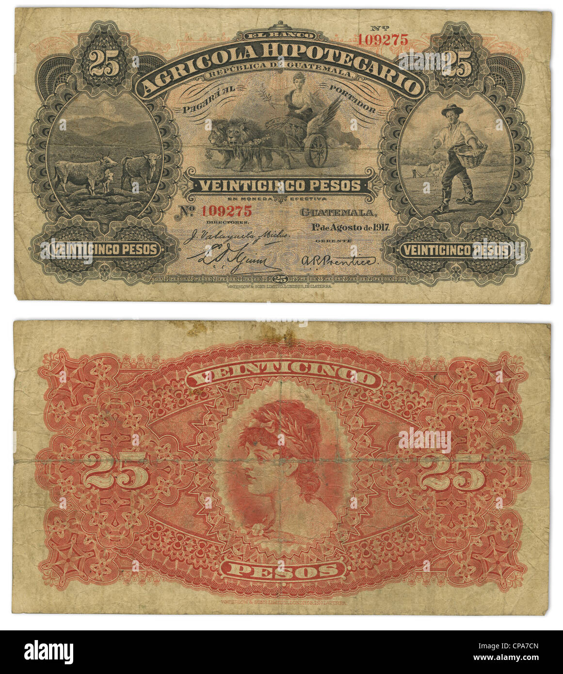 1923 el Banco Agricola Hipotecario de Guatemala 25 Pesos bank Hinweis. Vorder- und Rückseite. Stockfoto