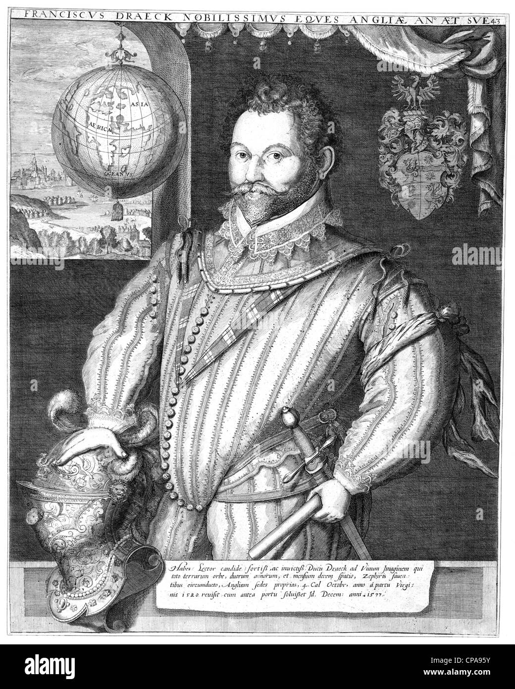FRANCIS DRAKE (1540-1596), englischer Matrose graviert im Jahre 1577 von Jodocus Hondius. Stockfoto