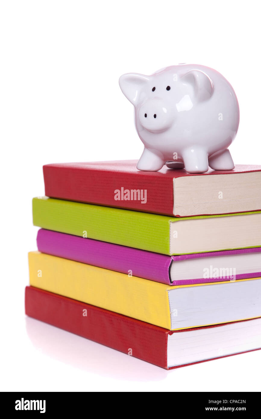 Piggy Bank über einen Stapel bunten Bücher (isoliert auf weiss) Stockfoto