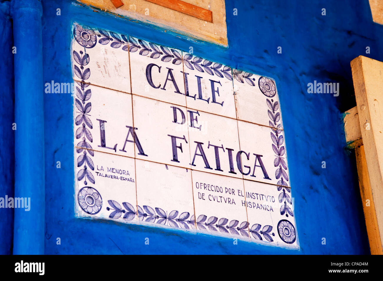 Calle De La Fatica, Bogota Straßenschild. Stockfoto
