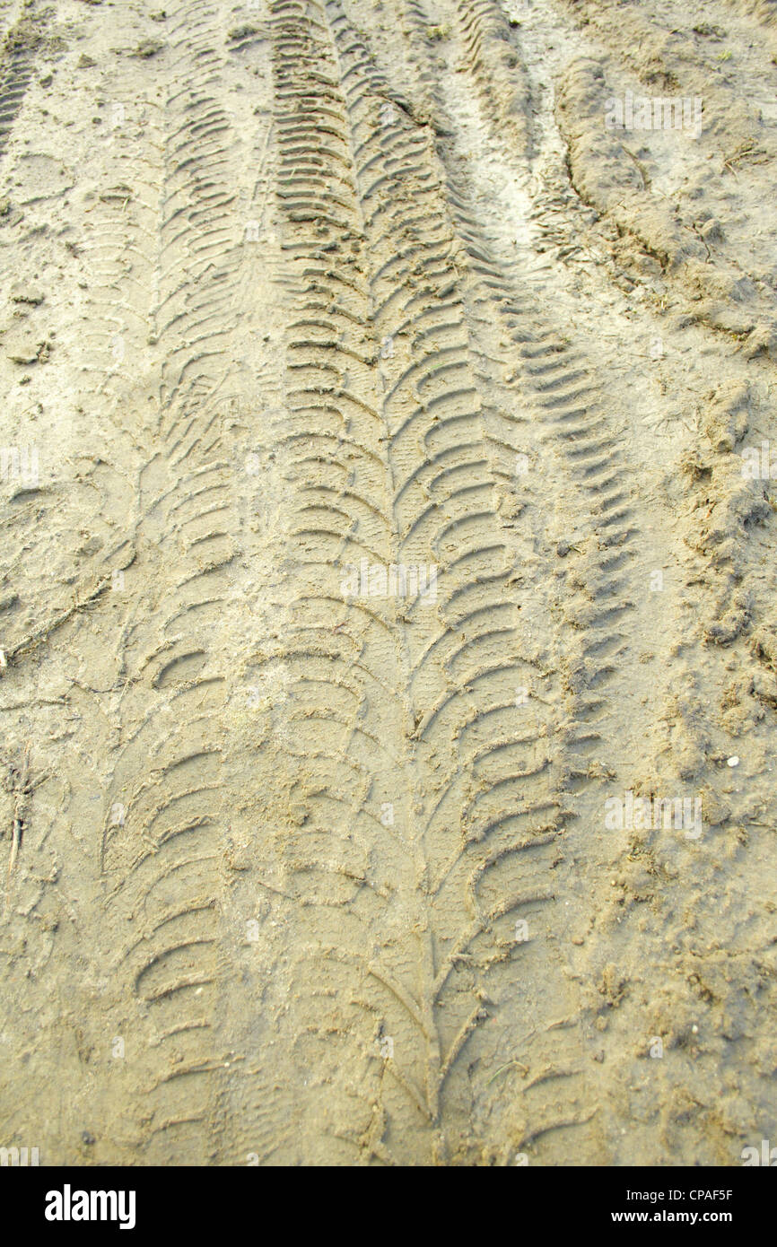 Spuren von Pkw-Reifen auf der nassen Felder Straße Stockfoto