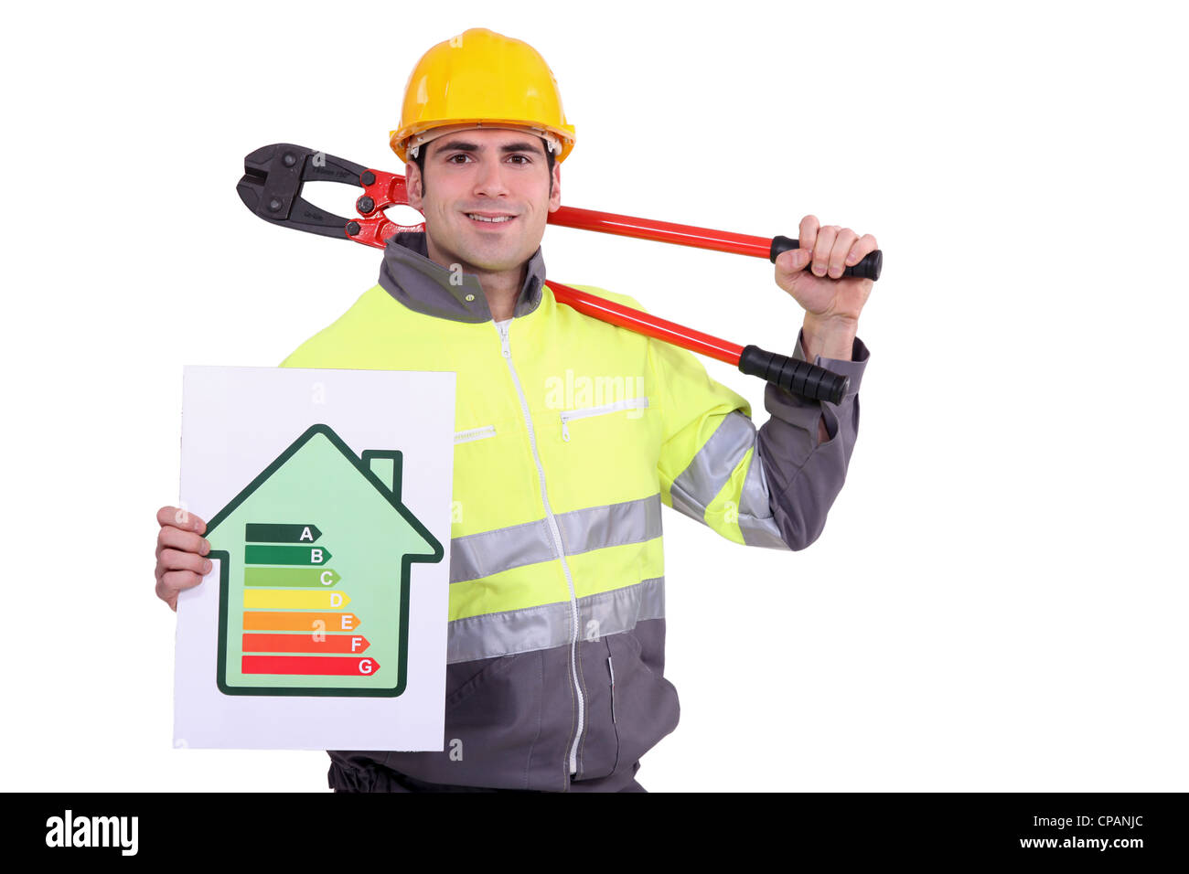 Bauarbeiter mit einen Energieausweis Stockfoto