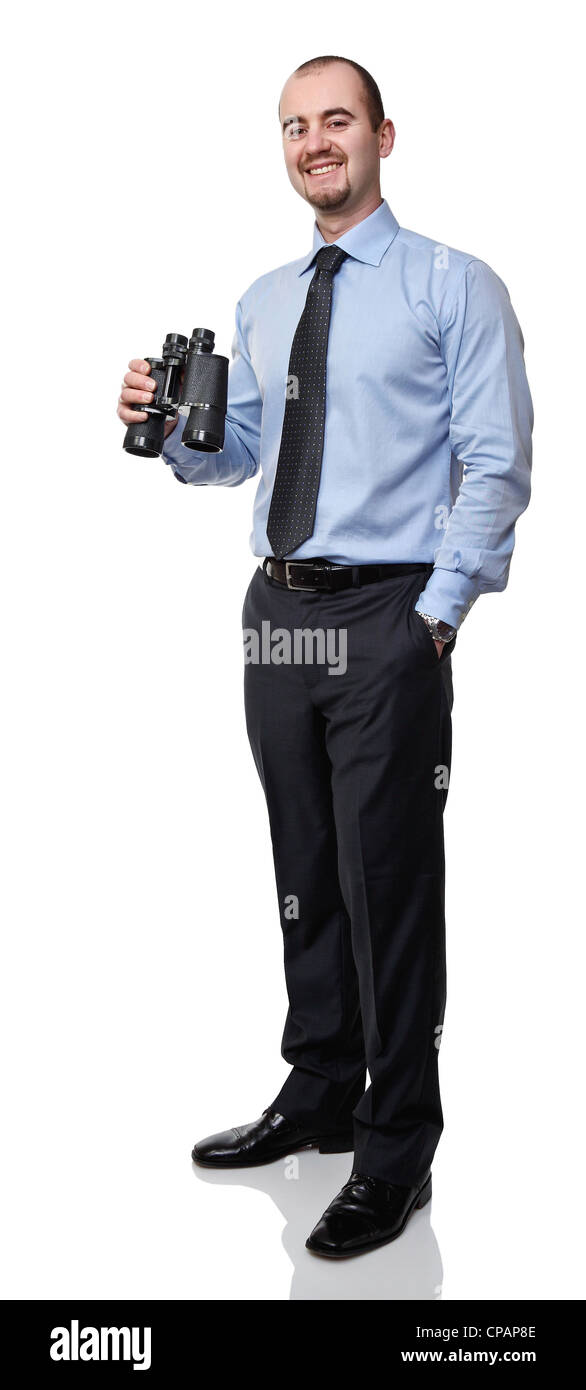 lächelnde kaukasischen Geschäftsmann mit dem Fernglas Stockfoto