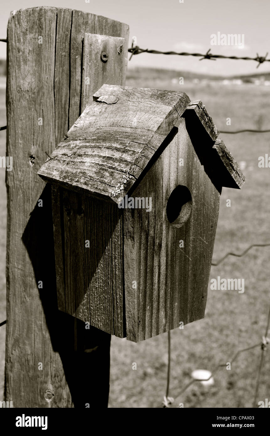 Hölzerne Vogelhäuschen auf einem Barbwire Zaun. Stockfoto