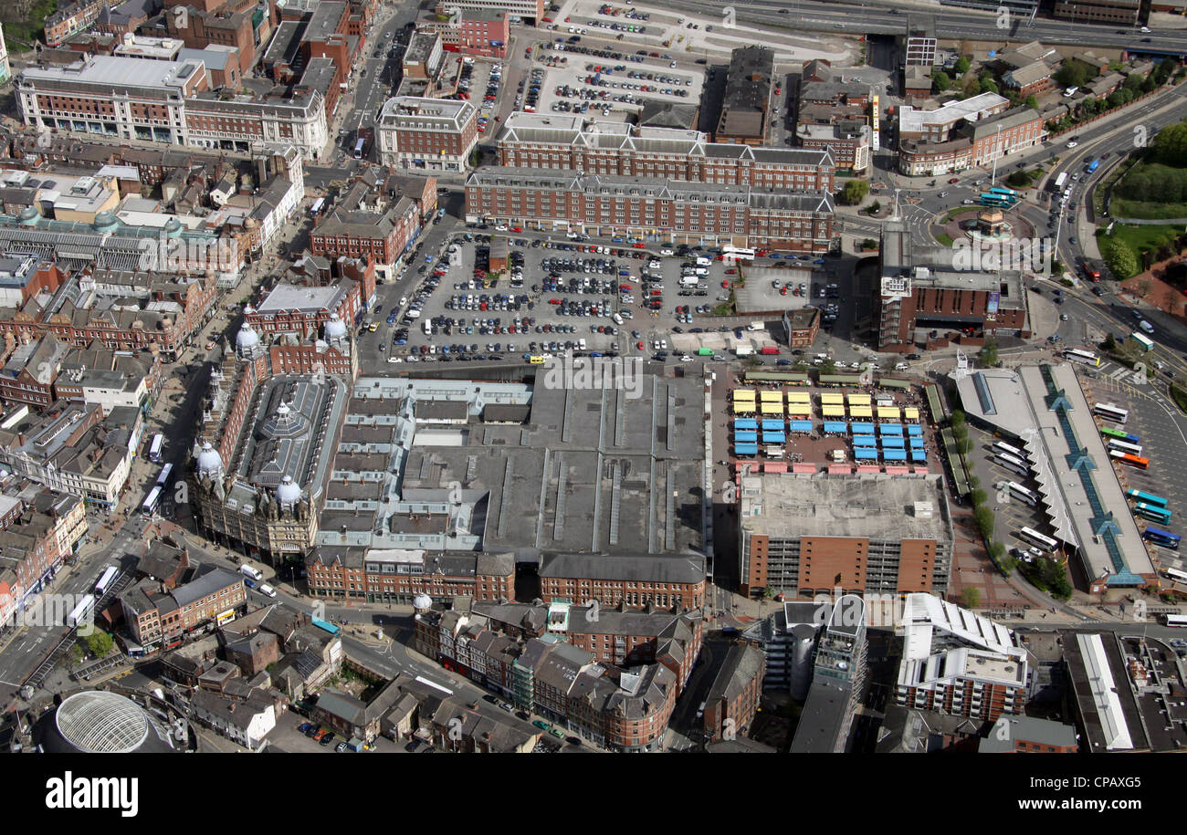 Luftaufnahme von Leeds Märkte Bereich aus über Kirkgate, Leeds City Centre Stockfoto