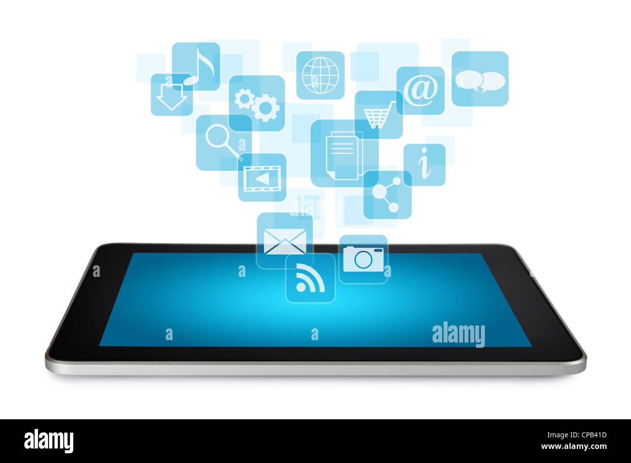 Tablet-PC mit Wolke von Applikations-Icons isoliert auf weißem Hintergrund Stockfoto