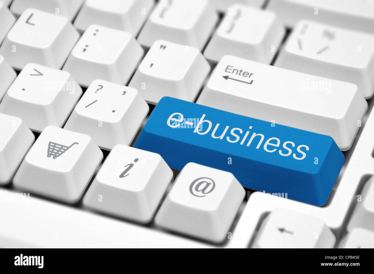 e-Business-Taste auf eine weiße Tastatur Nahaufnahme. E-Business-Konzept Bild. Stockfoto