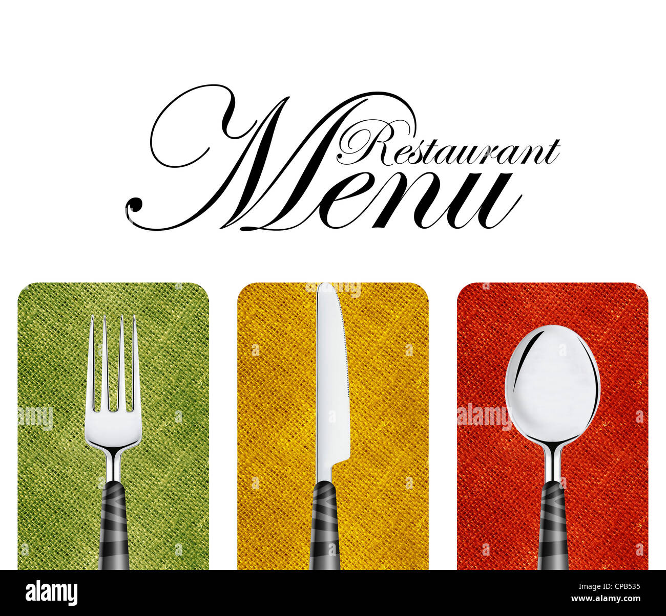 Restaurant-Menü-Cover-Design mit Messer, Löffel und Gabel. Stockfoto