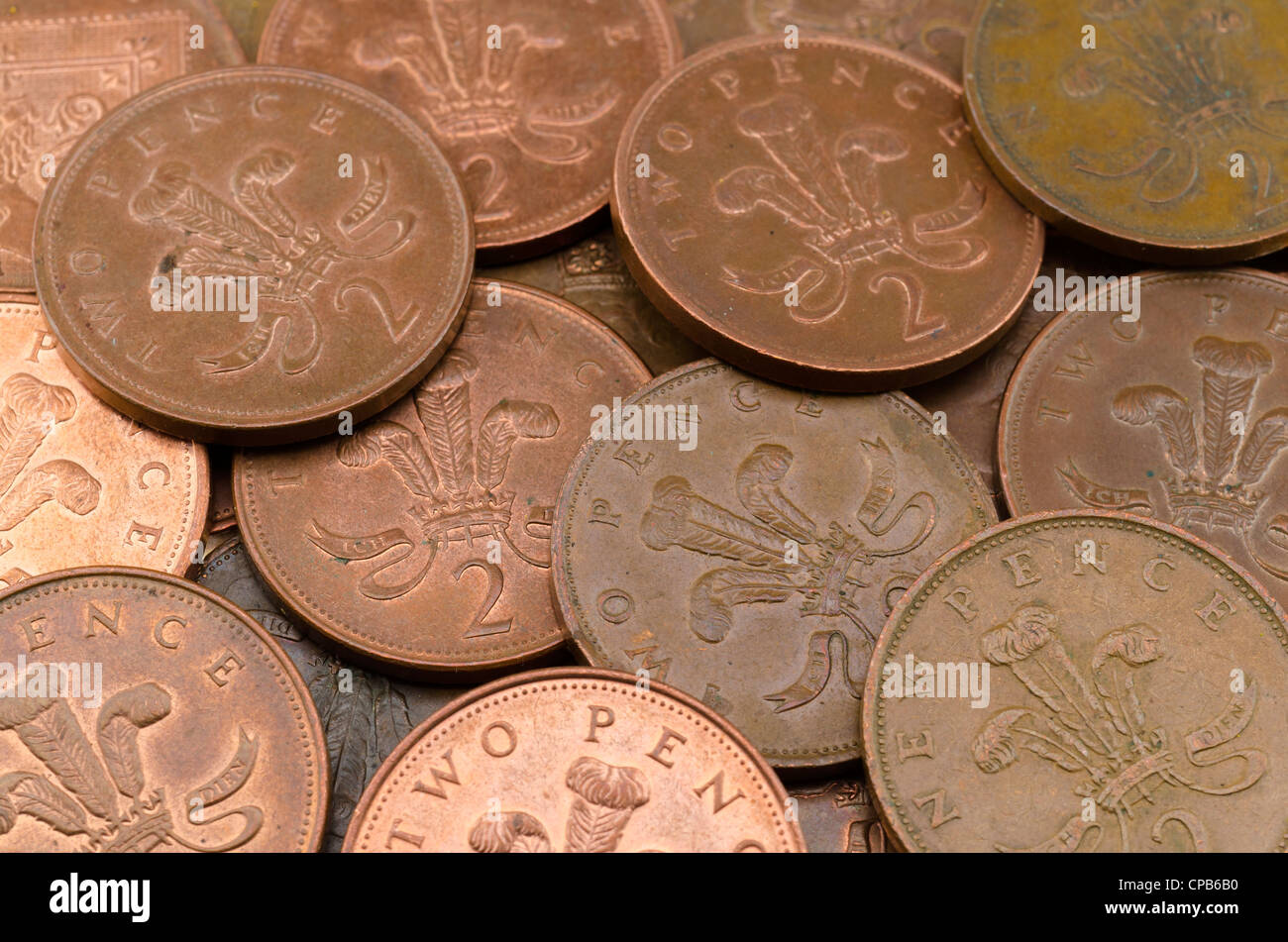 Zwei Pence Münzen. Stockfoto