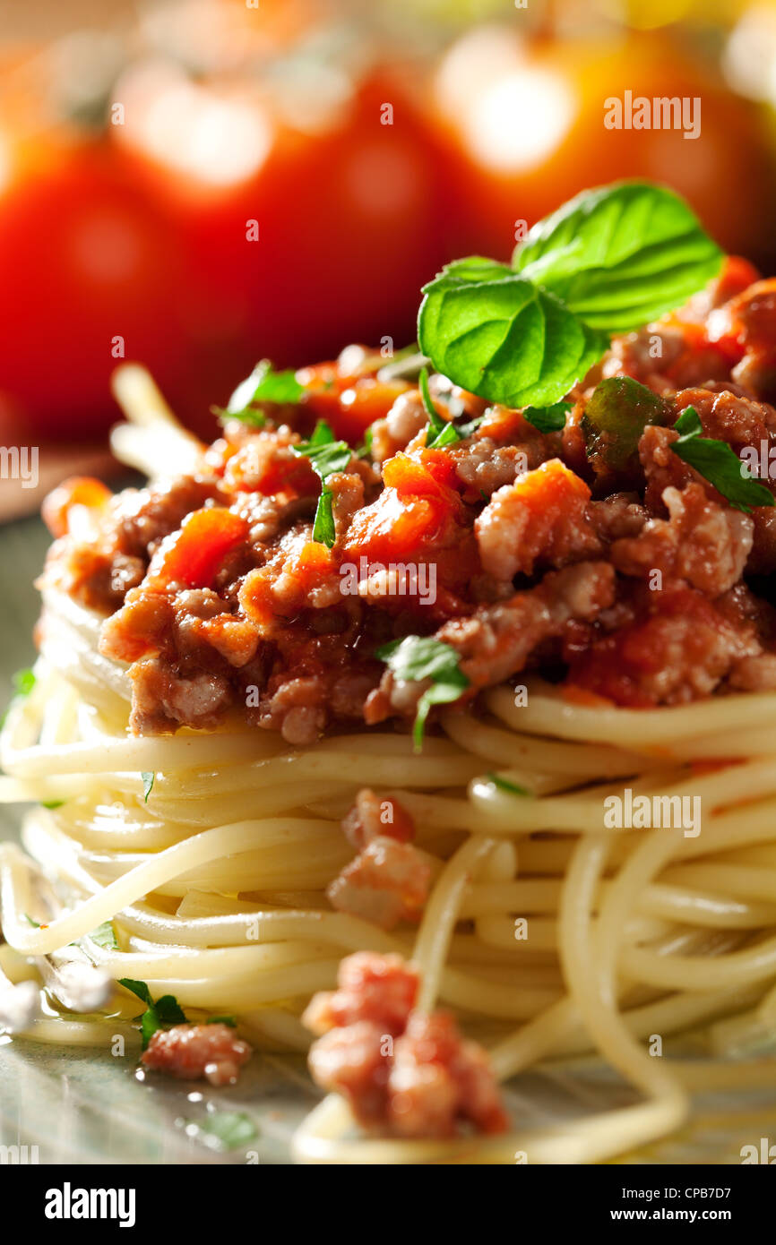 Nahaufnahme von einem frischen italienischen Spaghetti bolognese Stockfoto