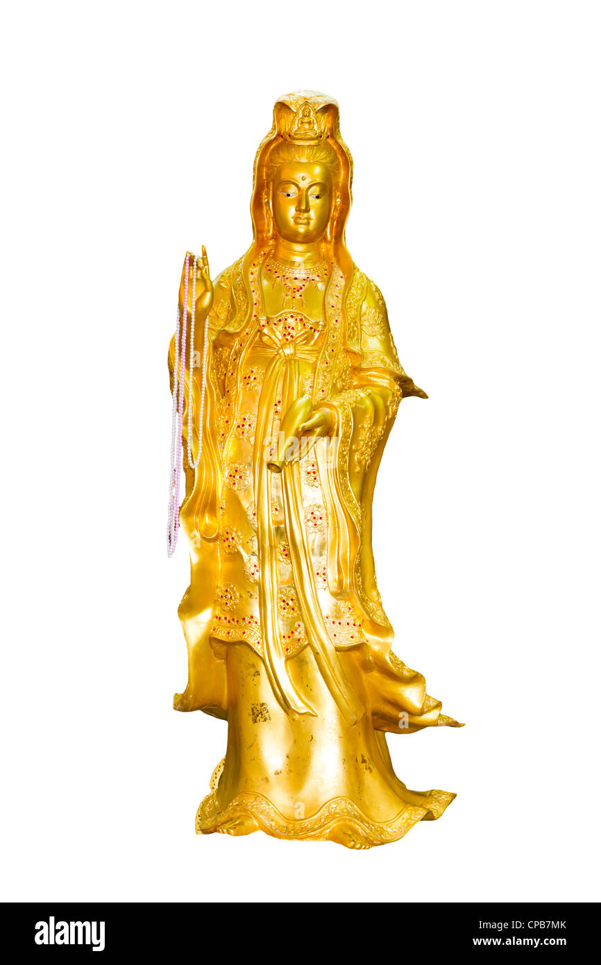 Goldene Guanyin isoliert auf weißem Hintergrund Stockfoto