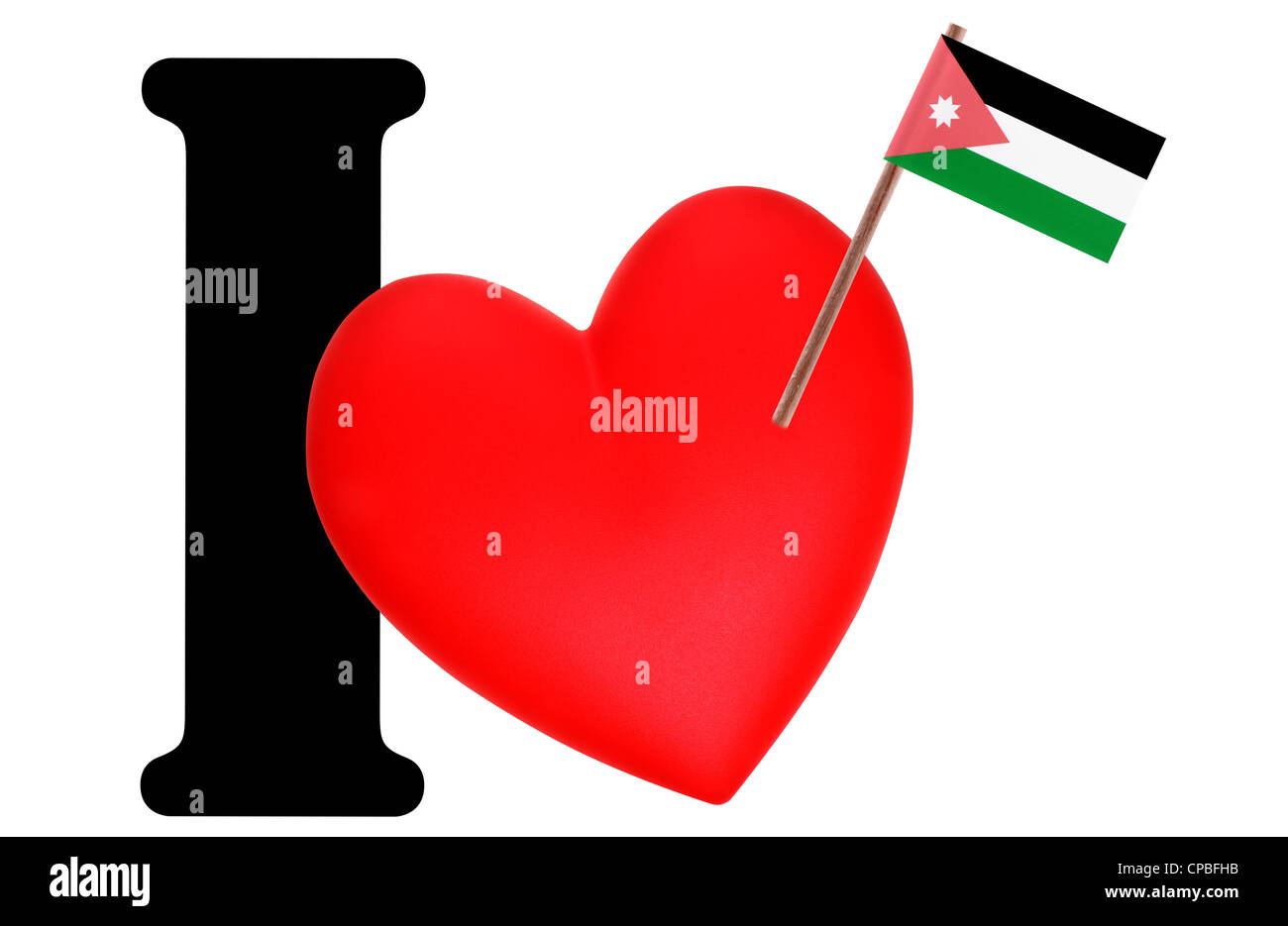 Kleine Flagge auf ein rotes Herz und das Wort ich Liebe für die nationale Flagge Jordaniens auszudrücken Stockfoto