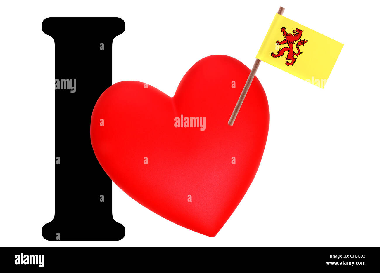 Kleine Flagge auf ein rotes Herz und das Wort ich Liebe für die nationale Flagge von Zuid-Holland Stockfoto