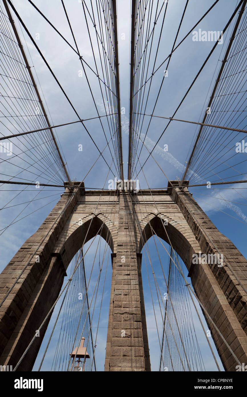 Detail von der Brooklyn Bridge, New York City. Stockfoto