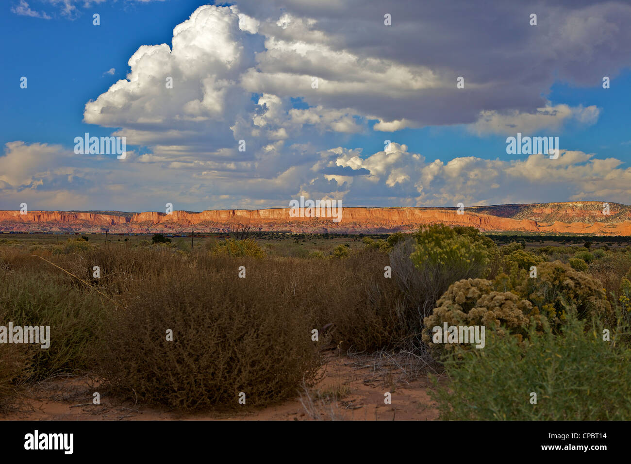 Grüne Felder und roten Felslandschaft, New Mexico Stockfoto