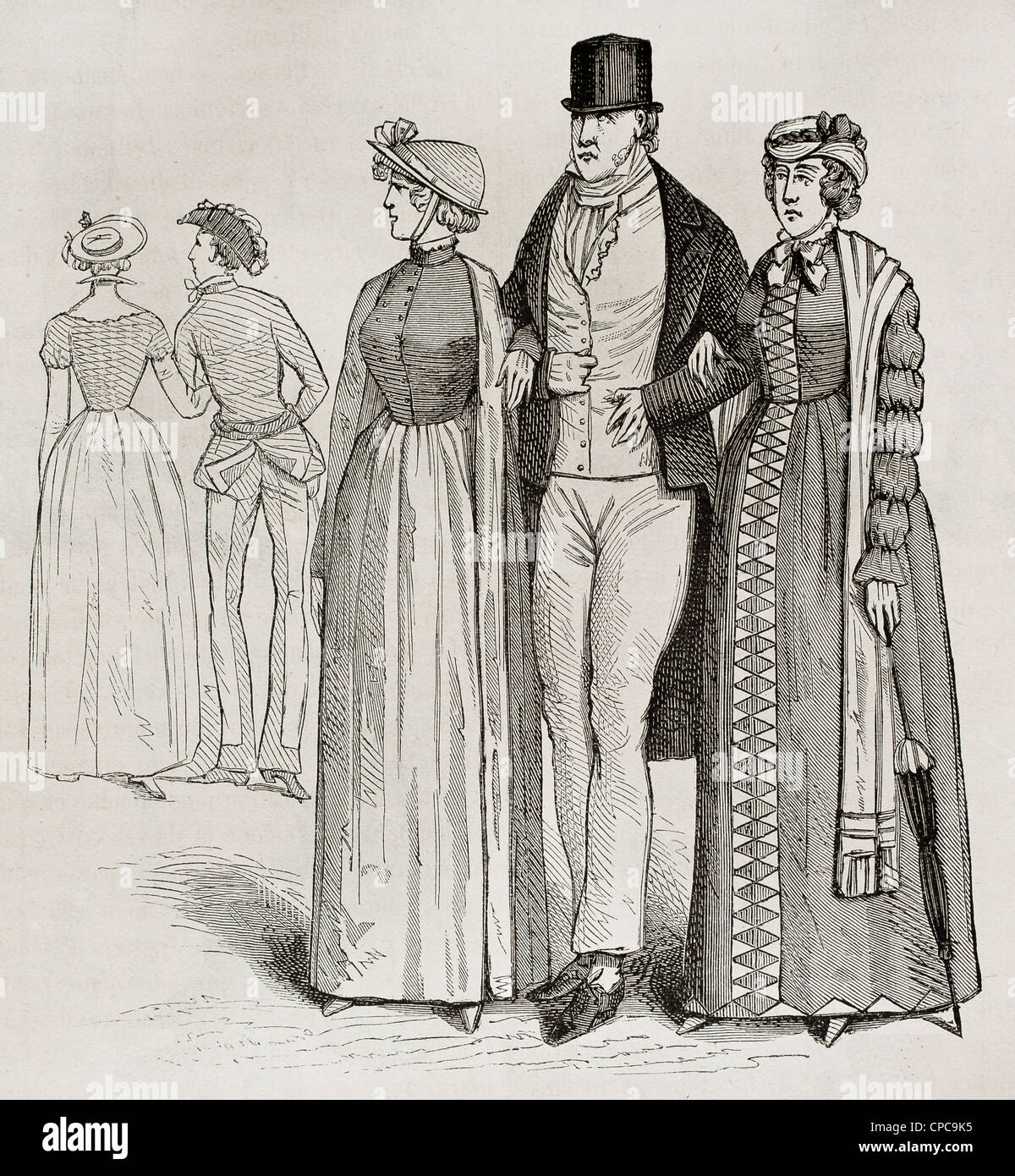 Mann und Frau Englisch Kleidung alte Abbildung Stockfoto