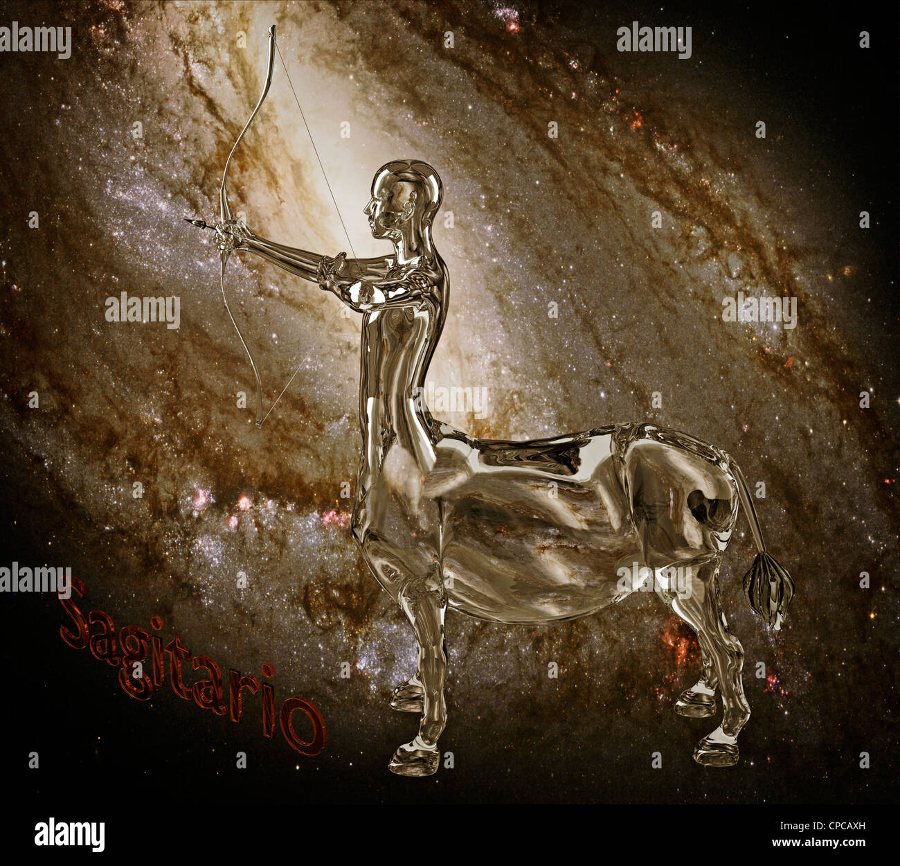 Computer digital design in 3D-Darstellung der Schütze Sternzeichen in einem Glas centaur mit seinen Pfeil und Bogen und Galaxie im Hintergrund Stockfoto
