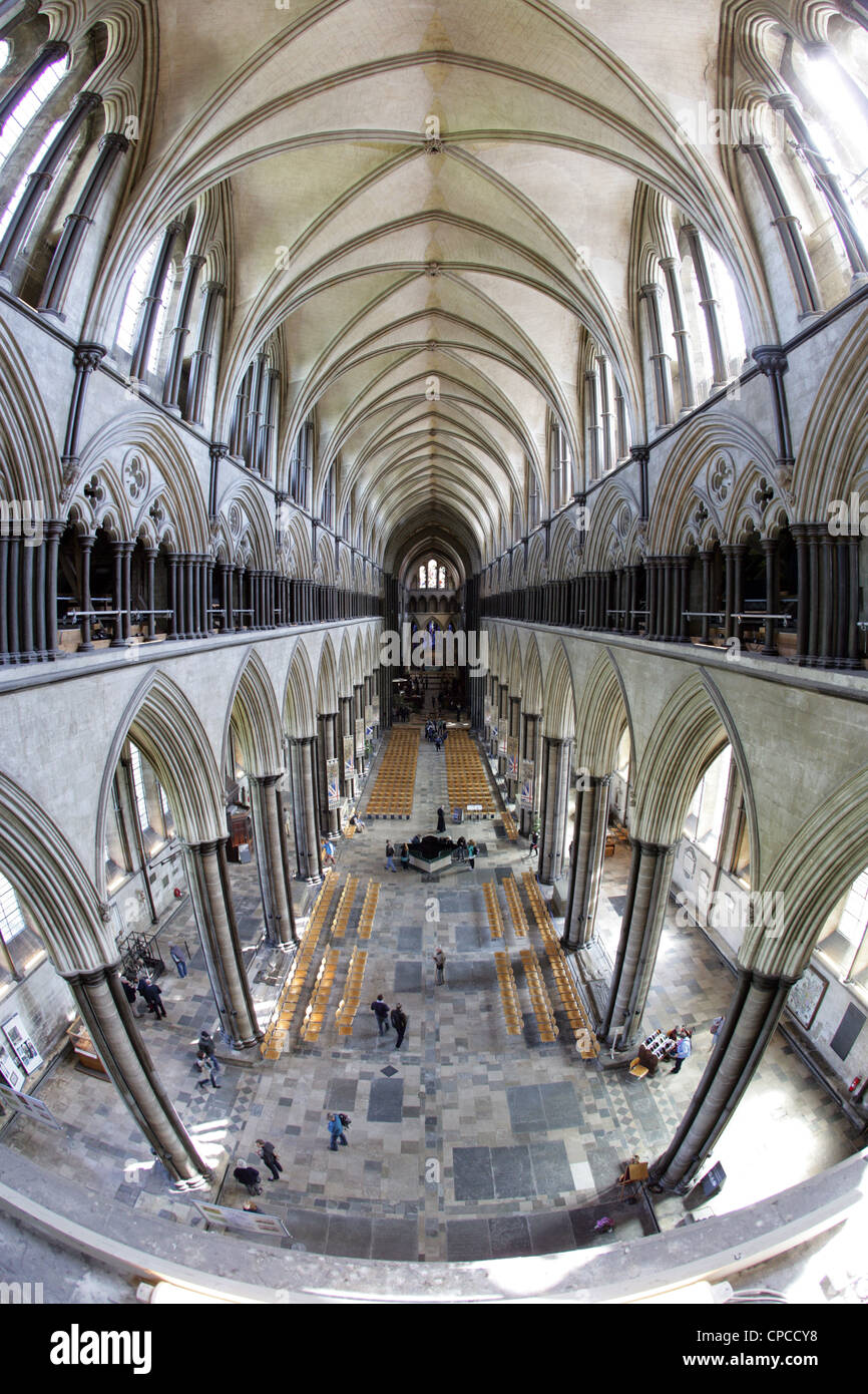 Breite Schrägansicht des Kirchenschiffs an der Kathedrale von Salisbury, Wiltshire, England. Stockfoto